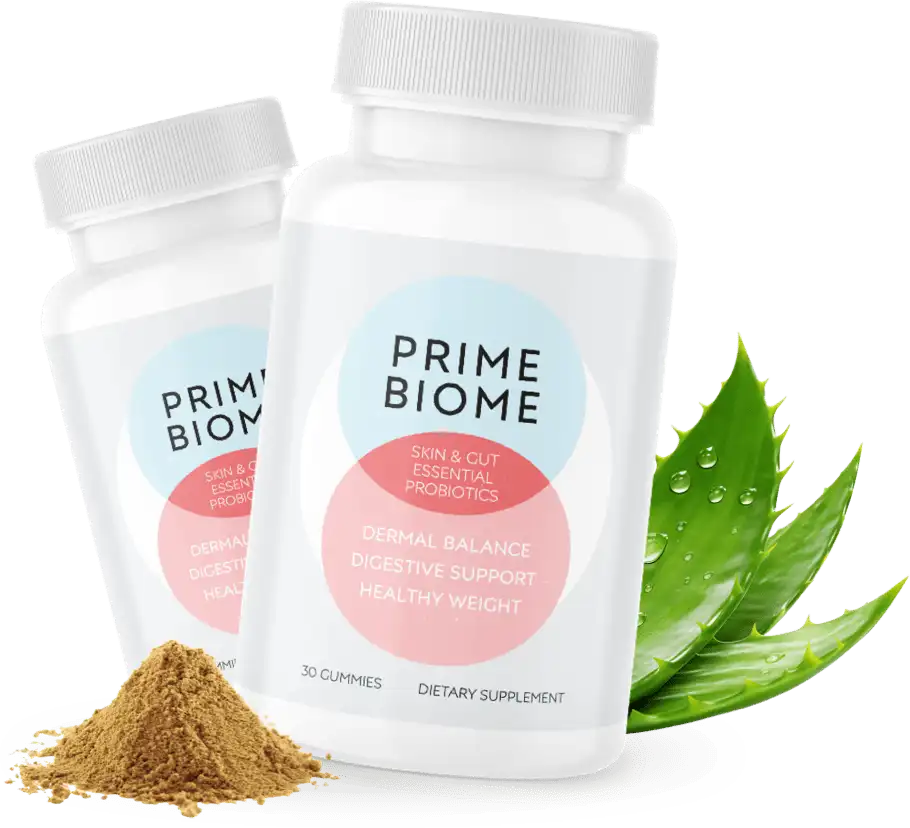 Two bottles of Prime Biome probiotics for skin and digestive health.