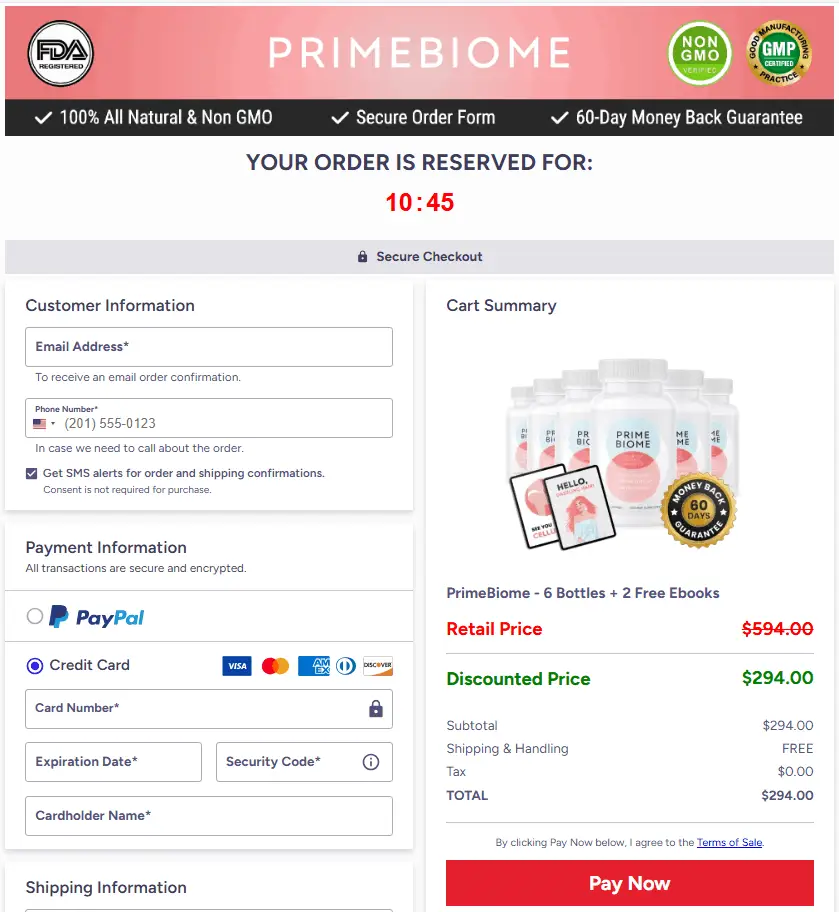 Order summary for PrimeBiome with pricing details and secure checkout options.